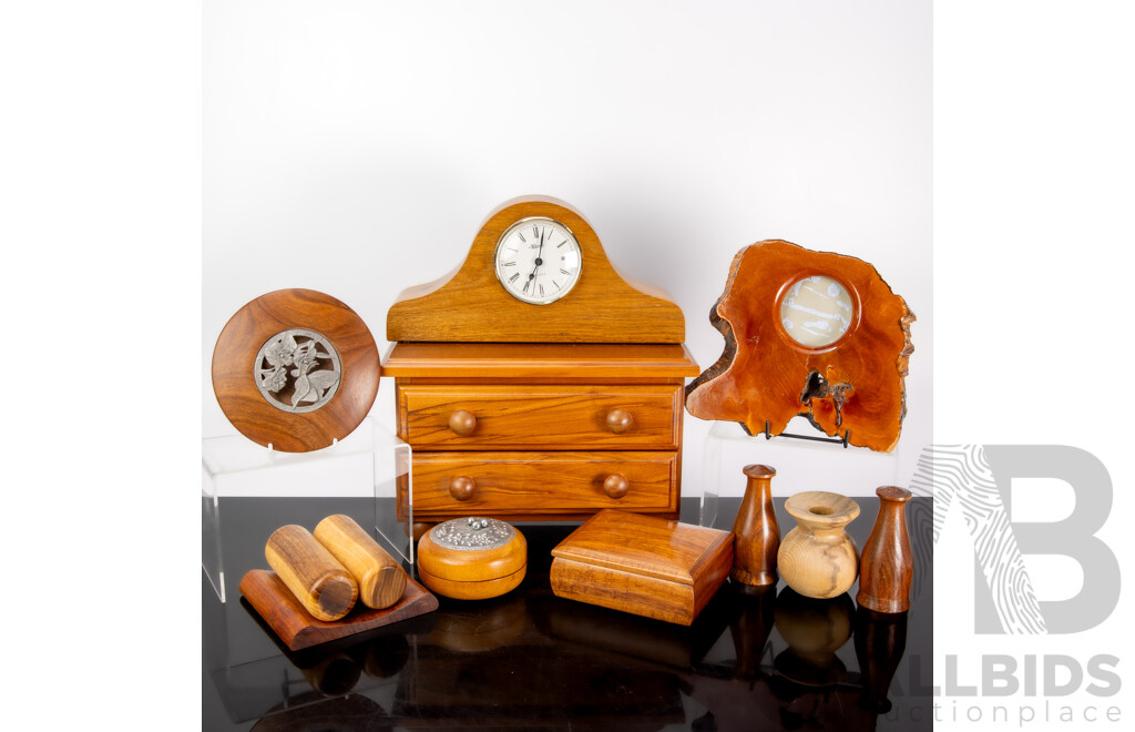 Collection Australian Treen Including Blackwood Lidded Box, Black Wattle Cased Mantle Clock, Tassie Blackwood Dish with Pewter Lid by J Reid and More