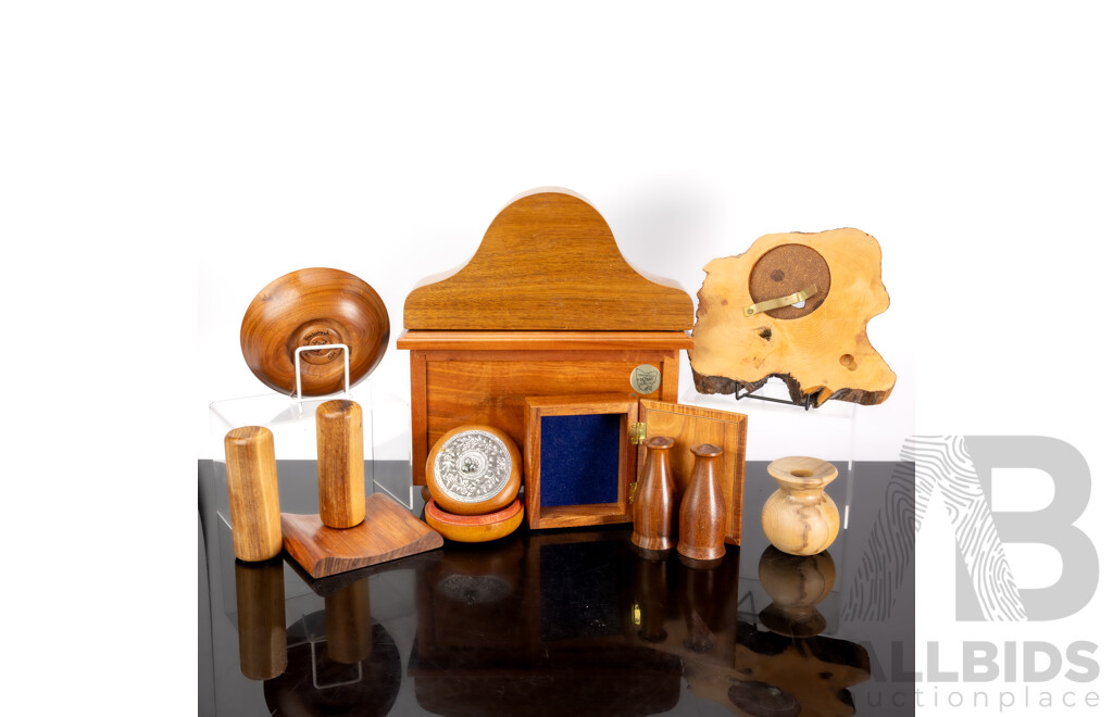 Collection Australian Treen Including Blackwood Lidded Box, Black Wattle Cased Mantle Clock, Tassie Blackwood Dish with Pewter Lid by J Reid and More