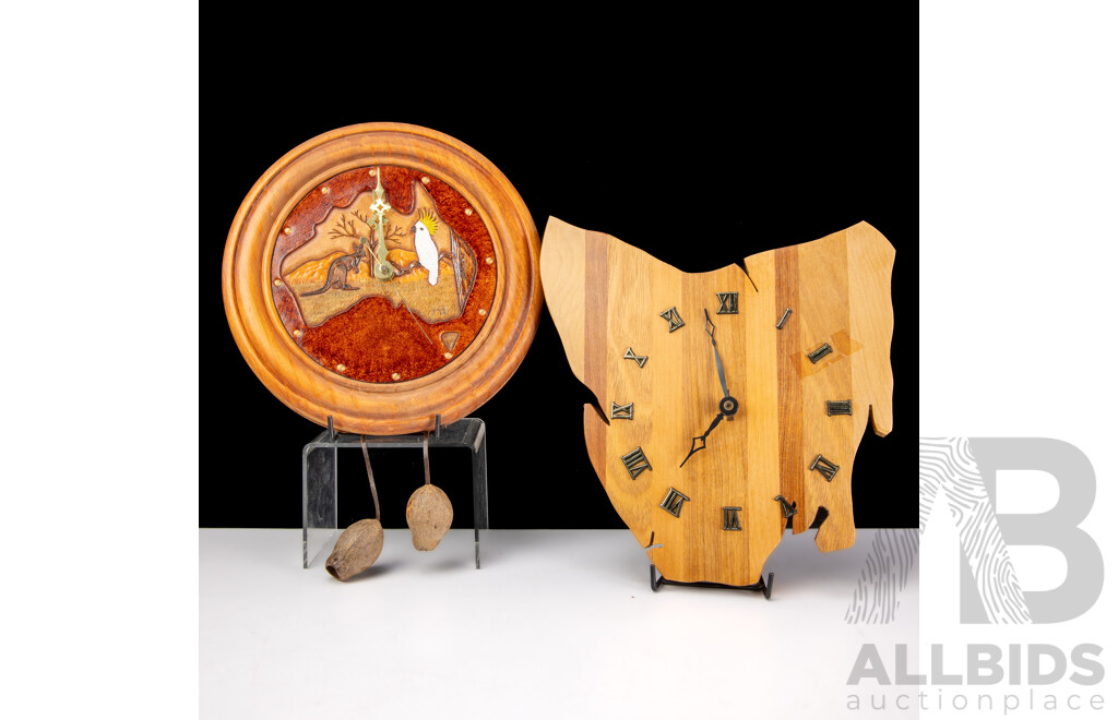 Australian Wooden Wall Clock in Tasmanian Shape Made From Sassafras, Oak, Blackwood & Huon Pine, Along with Another Australian Themed Wall Clock with Leather Insert