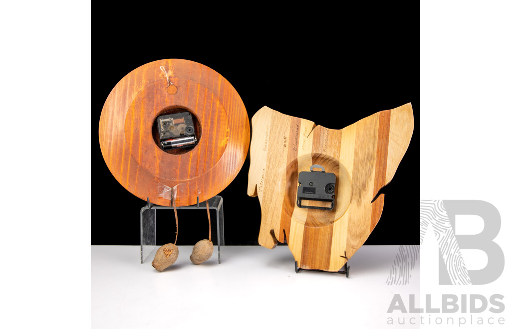 Australian Wooden Wall Clock in Tasmanian Shape Made From Sassafras, Oak, Blackwood & Huon Pine, Along with Another Australian Themed Wall Clock with Leather Insert