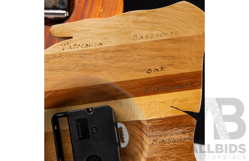 Australian Wooden Wall Clock in Tasmanian Shape Made From Sassafras, Oak, Blackwood & Huon Pine, Along with Another Australian Themed Wall Clock with Leather Insert