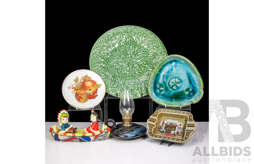 Collection Items Including Portuguese Bordalo Pinheiro Cabbage Leaf Plate, Furstenberg German Porcelain Fruit Plate, Mid Century Pottery Ashtray, Panogana Pottery Oil Light and More