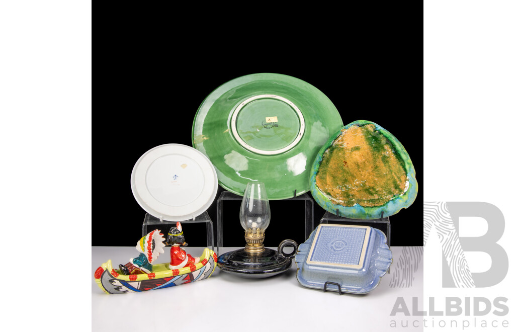 Collection Items Including Portuguese Bordalo Pinheiro Cabbage Leaf Plate, Furstenberg German Porcelain Fruit Plate, Mid Century Pottery Ashtray, Panogana Pottery Oil Light and More