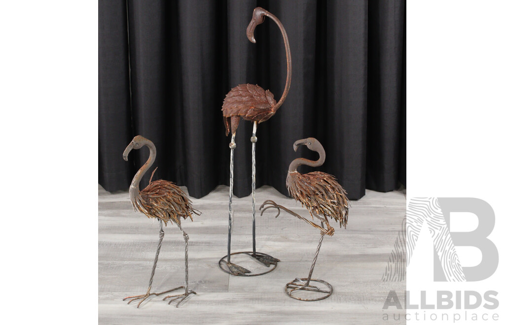 Collection of Three Metal Garden Flamingoes