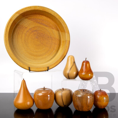 Collection Hand Made Australian Wood Fruit Including Two Huon Pine Pears and More, All in Yarra Glen Pottery Dish