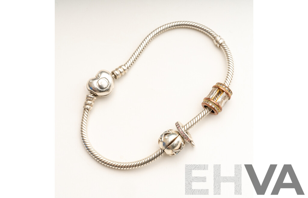 Pandora 'Moments' Sterling Silver Snake Bracelet with Pandora Clip on Blue Cz Star Charm, 18.70 Grams