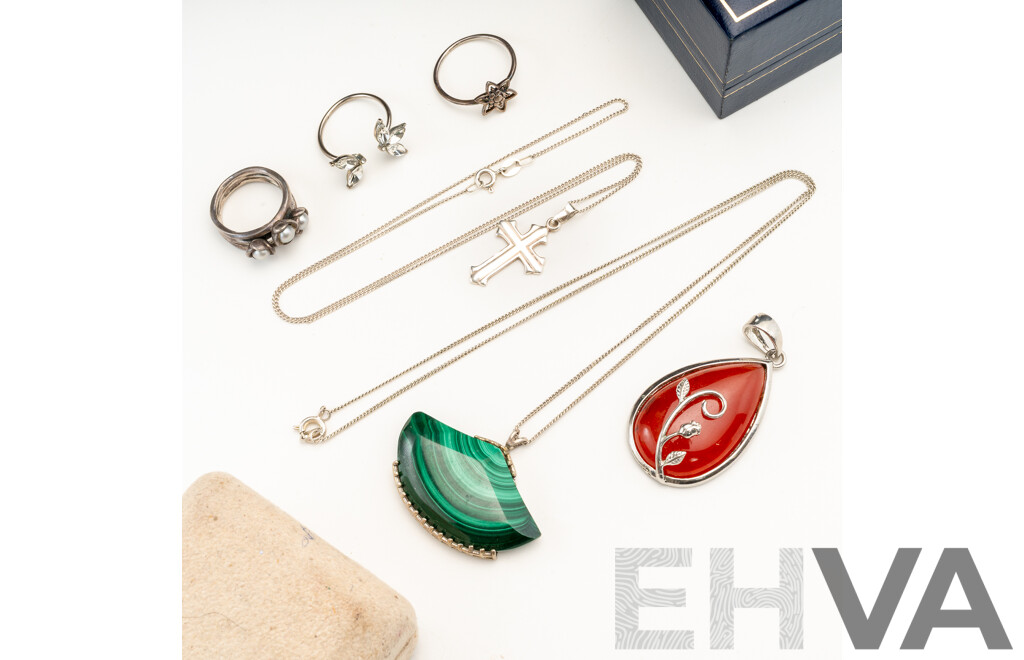 Sterling Silver Jewellery Collection Including Malchite Pendant, 41.0 Grams