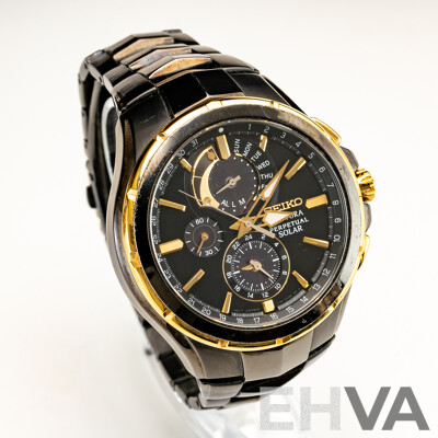 Seiko Courtura Perpetual Solar Chronograph Mens Watch, V198-0AB0, Charcoal/gold Tone