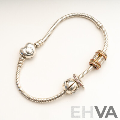 Pandora 'Moments' Sterling Silver Snake Bracelet with Pandora Clip on Blue Cz Star Charm, 18.70 Grams