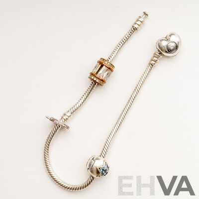Pandora 'Moments' Sterling Silver Snake Bracelet with Pandora Clip on Blue Cz Star Charm, 18.70 Grams