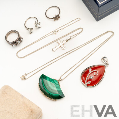 Sterling Silver Jewellery Collection Including Malchite Pendant, 41.0 Grams