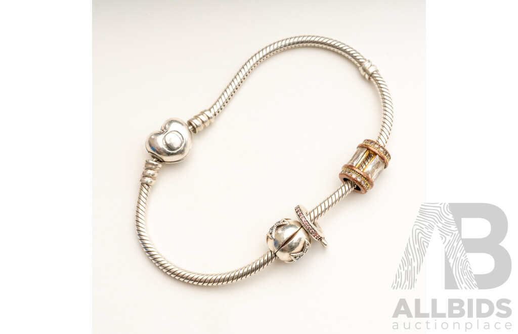 Pandora 'Moments' Sterling Silver Snake Bracelet with Pandora Clip on Blue Cz Star Charm, 18.70 Grams
