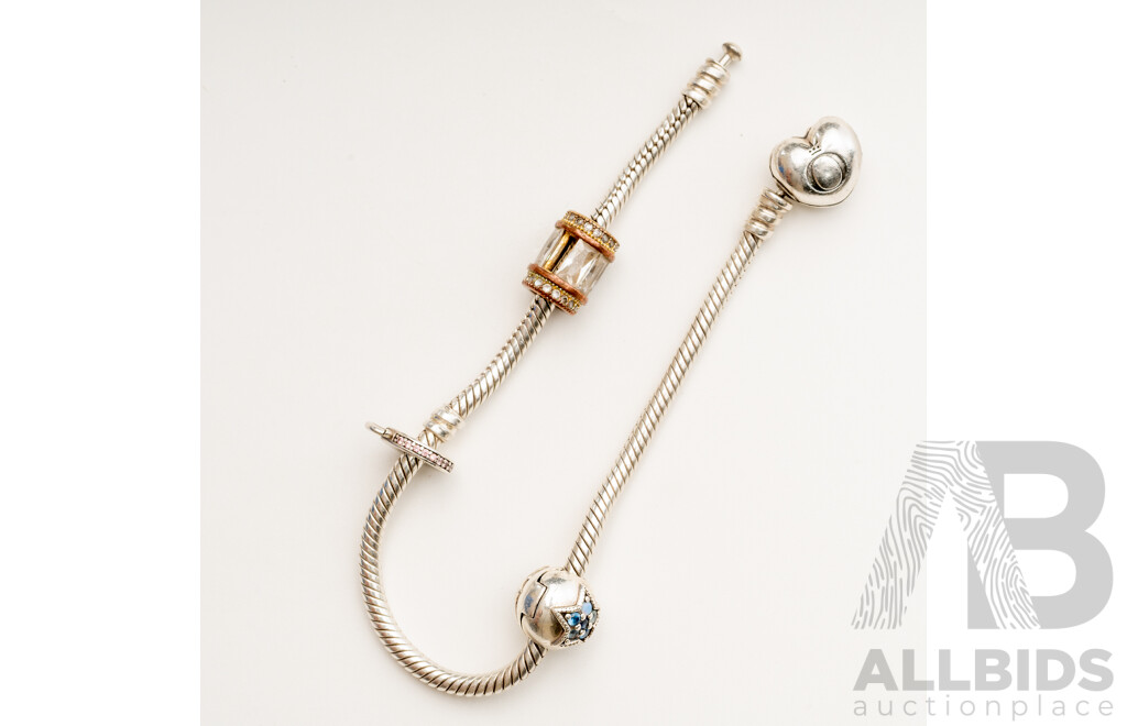 Pandora 'Moments' Sterling Silver Snake Bracelet with Pandora Clip on Blue Cz Star Charm, 18.70 Grams