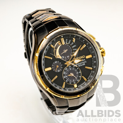 Seiko Courtura Perpetual Solar Chronograph Mens Watch, V198-0AB0, Charcoal/gold Tone