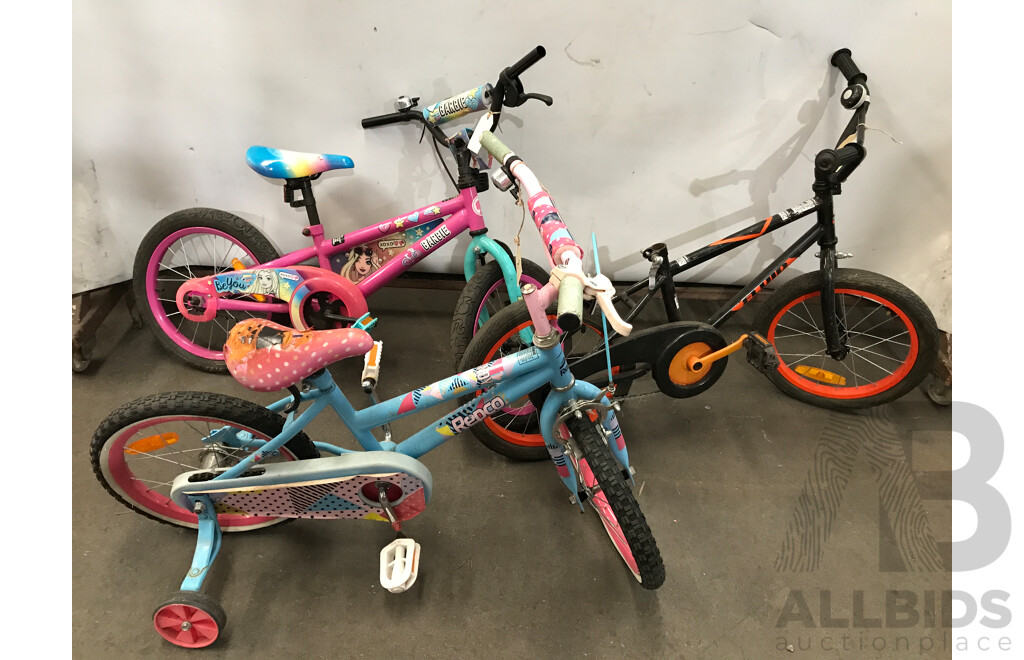 Assorted Kids' Bicycles From Barbie, Repco, and Fluid