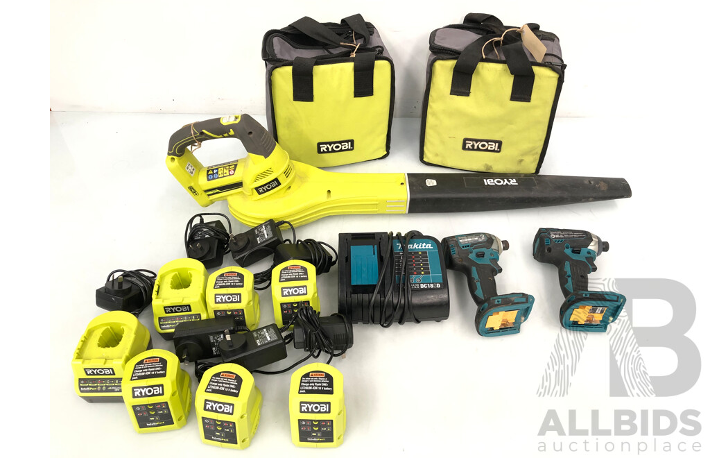 Ryobi and Makita 18 Volt Cordless Power Tools and Battery  Chargers