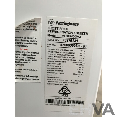Westinghouse 537L Top Mount White Frost-Free Refrigerator