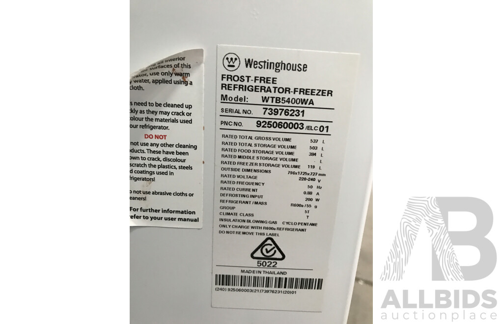 Westinghouse 537L Top Mount White Frost-Free Refrigerator