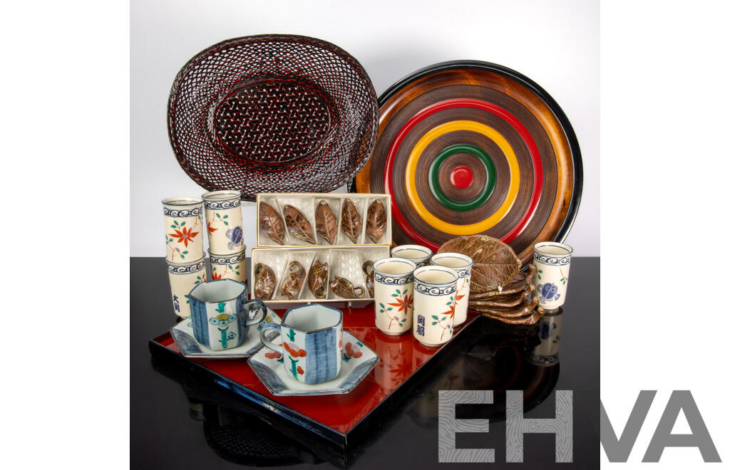 Collection Japanese Item Including Three Lacquer Ware Pieces in Original Boxes, Set Five Leaf Form Plates with Two Sets Five Matching Leaf Form Chopstick Holders and More