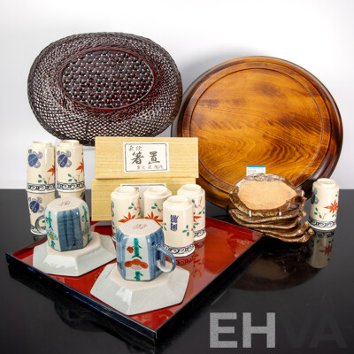 Collection Japanese Item Including Three Lacquer Ware Pieces in Original Boxes, Set Five Leaf Form Plates with Two Sets Five Matching Leaf Form Chopstick Holders and More