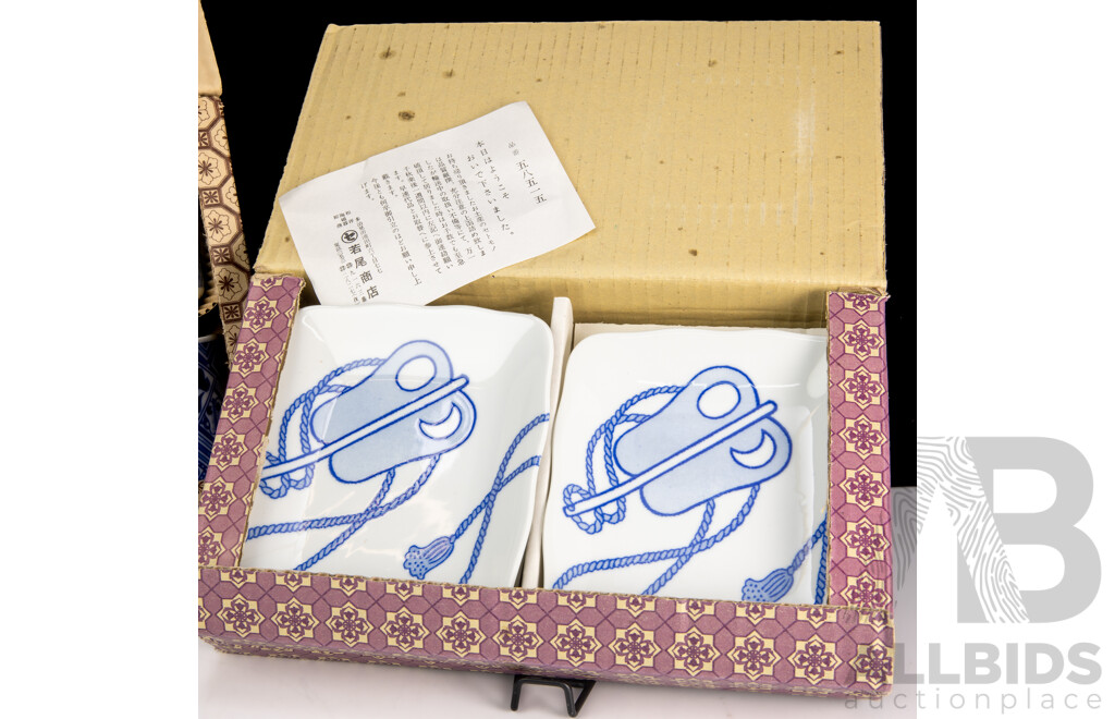 Complete Set Five Piece Japanese Porcelain Cups with Fan and Drum Motif, Along with Set Five Hand Painted Plates with Fan Motif, Both Sets in Original Box