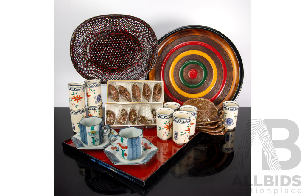 Collection Japanese Item Including Three Lacquer Ware Pieces in Original Boxes, Set Five Leaf Form Plates with Two Sets Five Matching Leaf Form Chopstick Holders and More