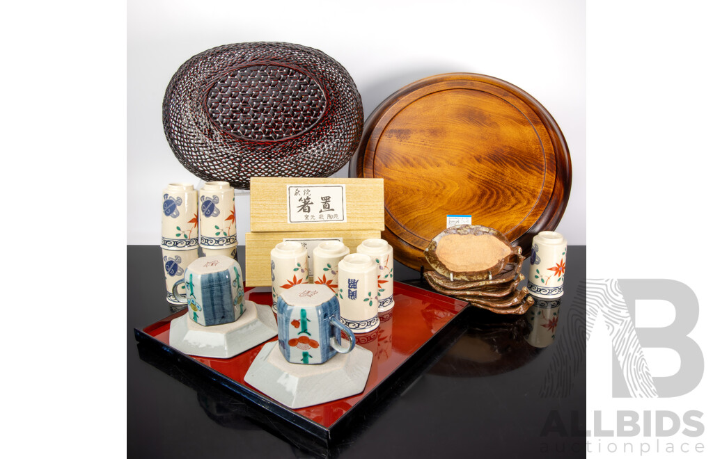 Collection Japanese Item Including Three Lacquer Ware Pieces in Original Boxes, Set Five Leaf Form Plates with Two Sets Five Matching Leaf Form Chopstick Holders and More