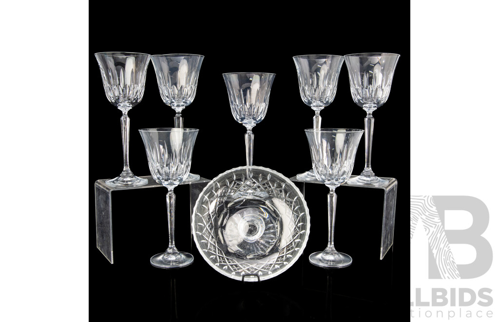 Vintage Stuart Crystal Footed Dish Along with Set Seven Crystal Wine Glasses