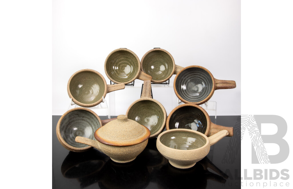 Set Nine Hand Made Retro Studio Pottery Ramekins, One with Lid