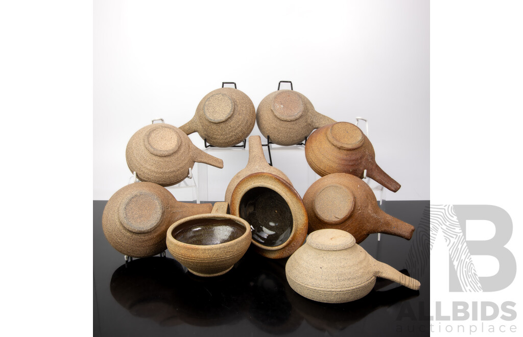 Set Nine Hand Made Retro Studio Pottery Ramekins, One with Lid