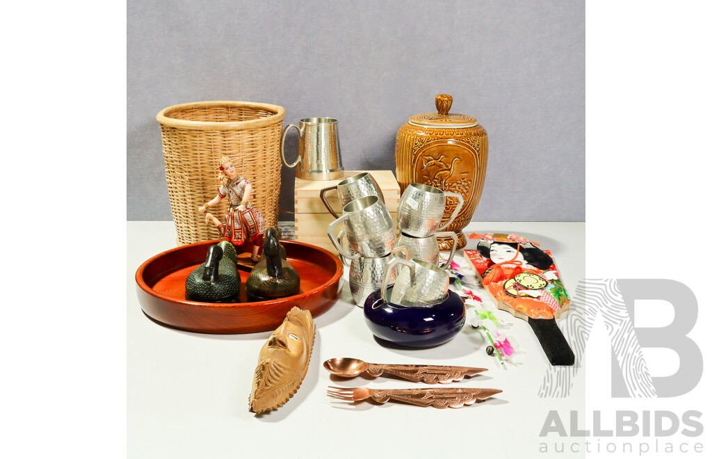 Collection Vintage Souvinir Ware  Items Including Boxed Japanese Puppet, Japanese Blue Arita Porcelain Ashtray, Set Seven Selangor Pewter Tankards and One Boxed Tankard of the Same Brand and More