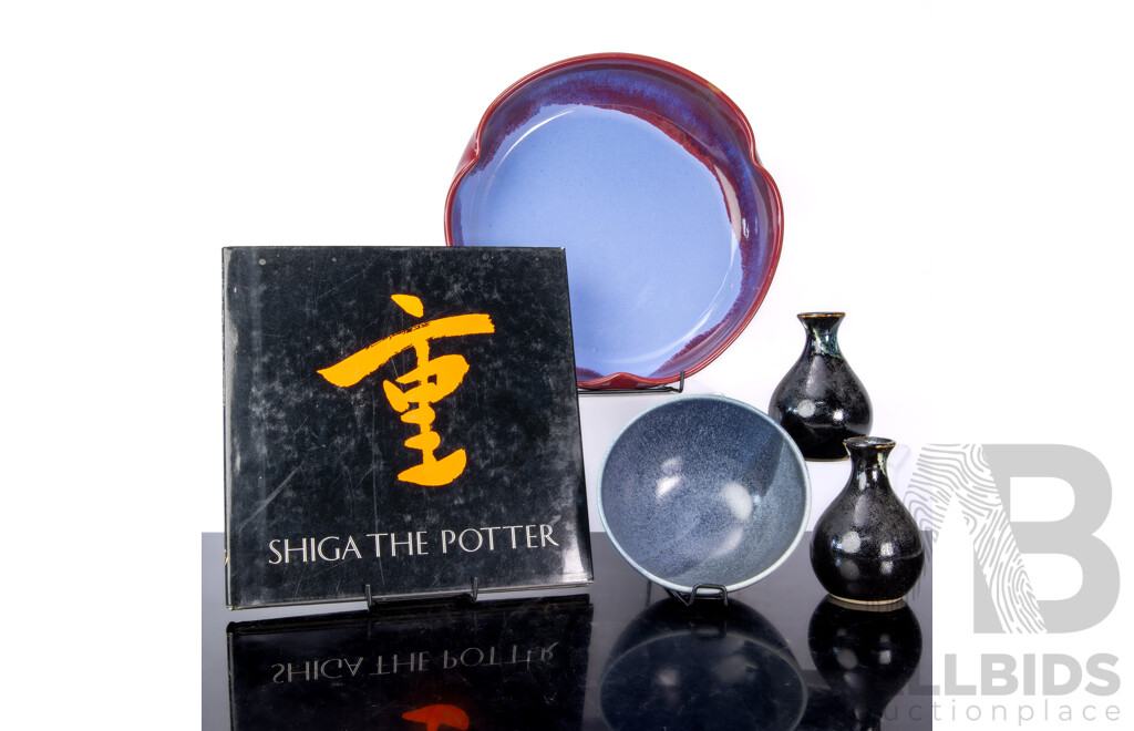 Four Pieces Studio Pottery by or in the Style of Shigeo Shiga, by Vendor Repute, Along with Shiga the Potter 1982 Hardcover with Dust Jacket