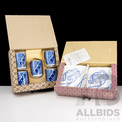 Complete Set Five Piece Japanese Porcelain Cups with Fan and Drum Motif, Along with Set Five Hand Painted Plates with Fan Motif, Both Sets in Original Box