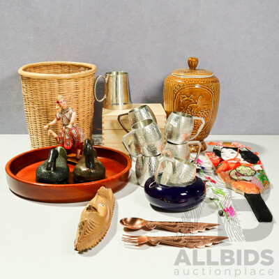 Collection Vintage Souvinir Ware  Items Including Boxed Japanese Puppet, Japanese Blue Arita Porcelain Ashtray, Set Seven Selangor Pewter Tankards and One Boxed Tankard of the Same Brand and More