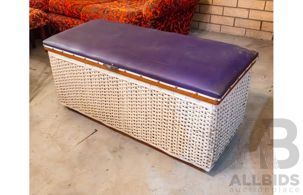 White Rattan Chest/Glory Box with Purple Vinyl Cushioned Top