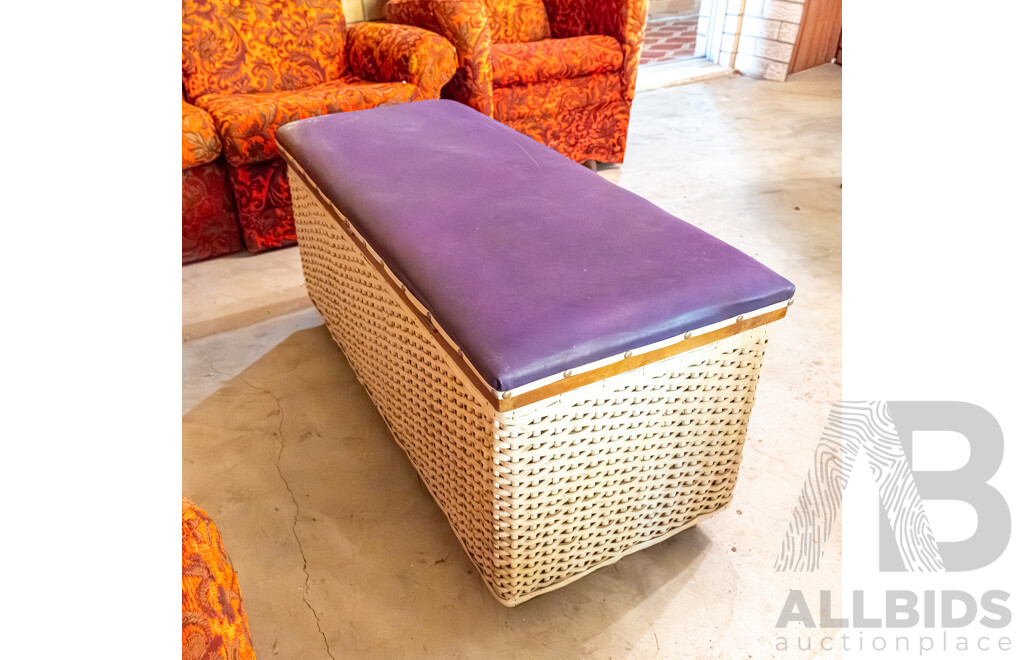 White Rattan Chest/Glory Box with Purple Vinyl Cushioned Top