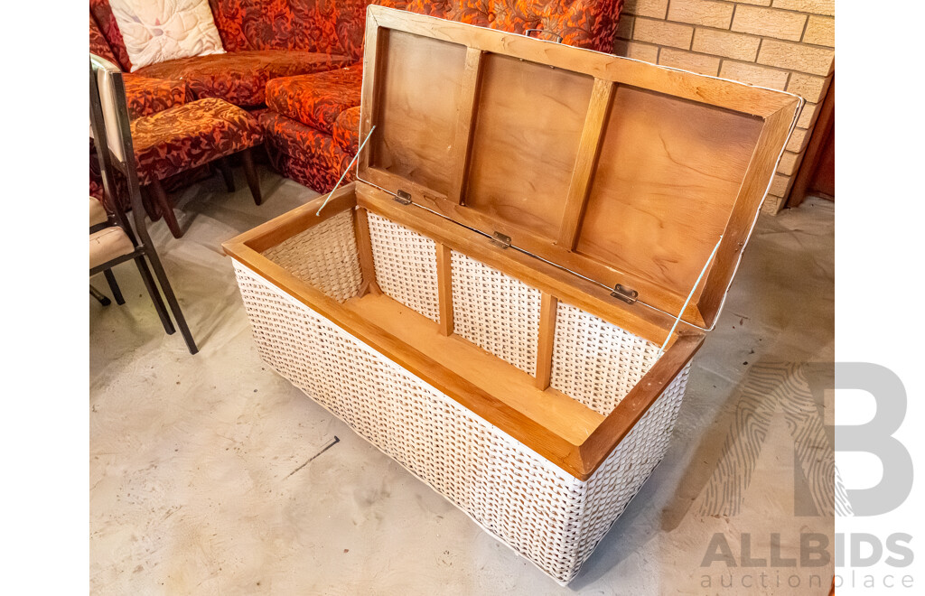 White Rattan Chest/Glory Box with Purple Vinyl Cushioned Top