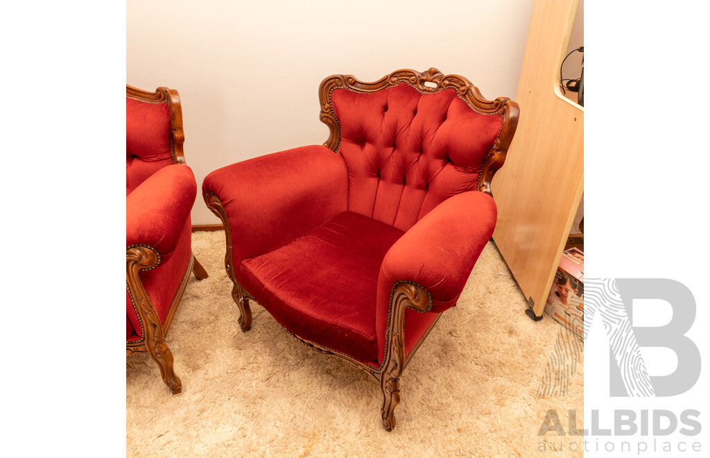 Lady in Red Victorian Style Maroon Velour Button Backed 3 Seater Lounge & 2 Matching Single Seater Arm Chairs