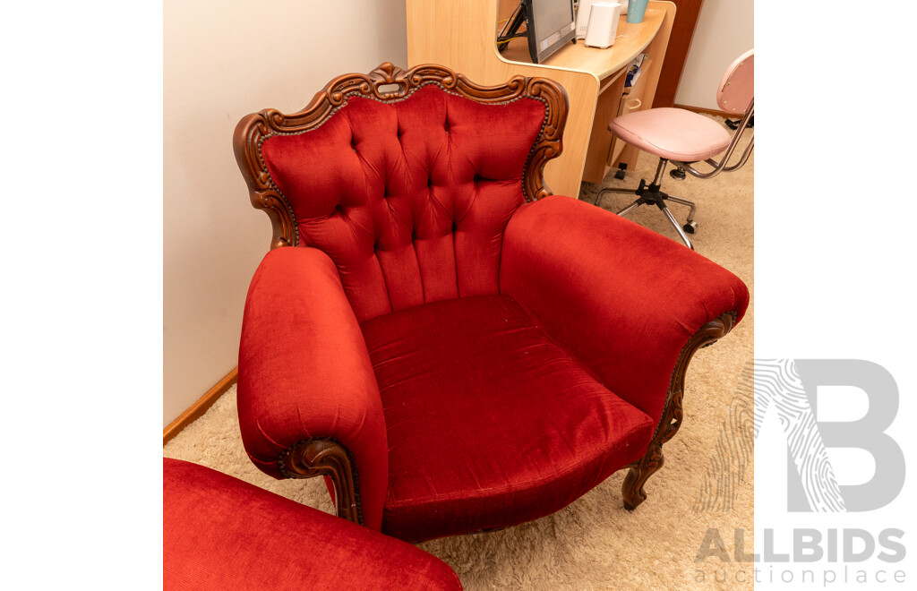 Lady in Red Victorian Style Maroon Velour Button Backed 3 Seater Lounge & 2 Matching Single Seater Arm Chairs
