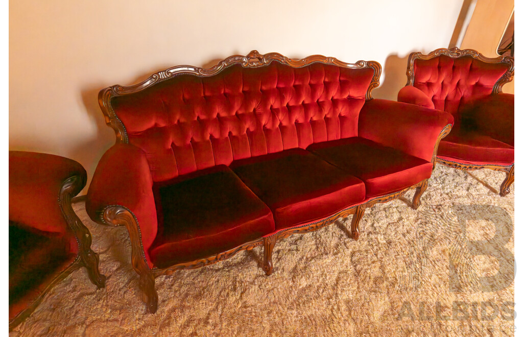 Lady in Red Victorian Style Maroon Velour Button Backed 3 Seater Lounge & 2 Matching Single Seater Arm Chairs