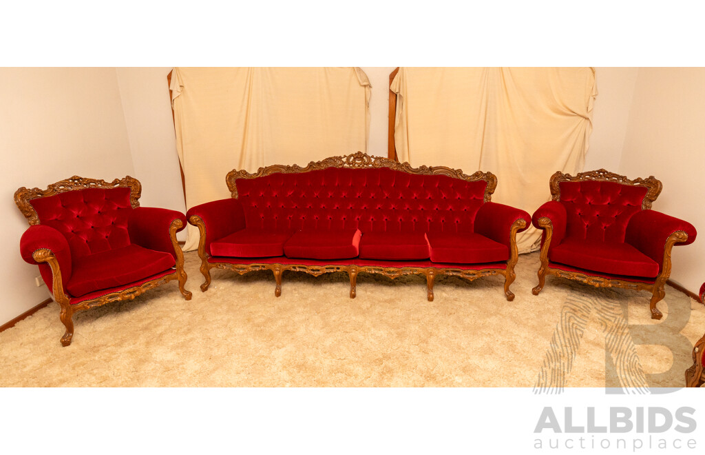 Lady in Red Victorian Style Maroon Velour Button Backed 4 Seater Lounge & 2 Matching Single Seater Arm Chairs