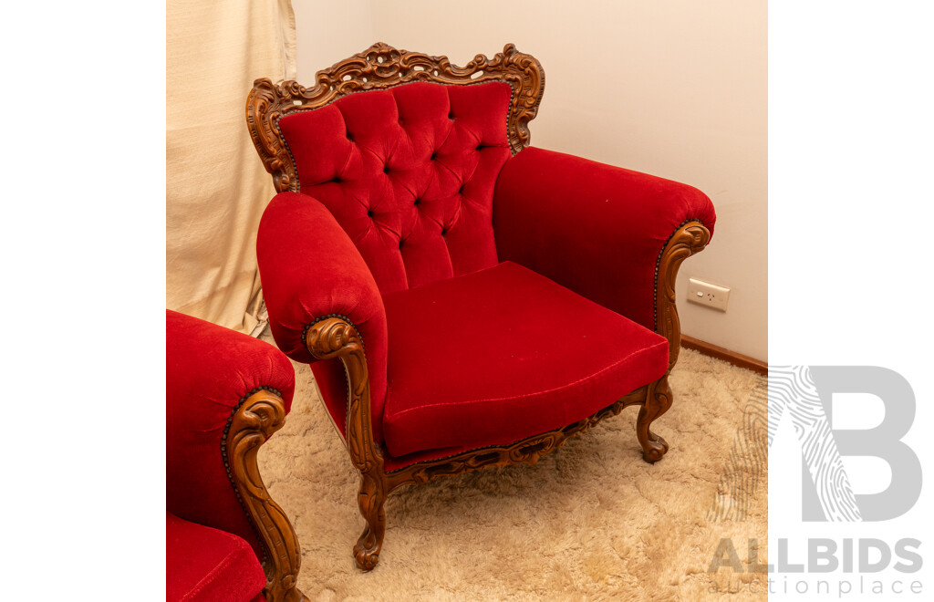 Lady in Red Victorian Style Maroon Velour Button Backed 4 Seater Lounge & 2 Matching Single Seater Arm Chairs