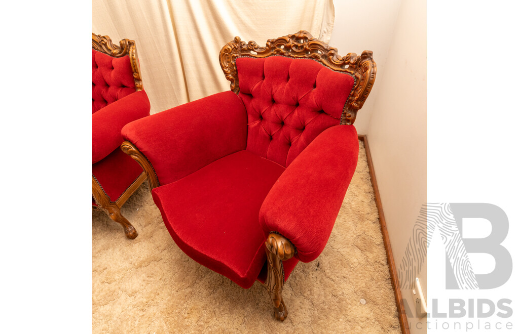 Lady in Red Victorian Style Maroon Velour Button Backed 4 Seater Lounge & 2 Matching Single Seater Arm Chairs