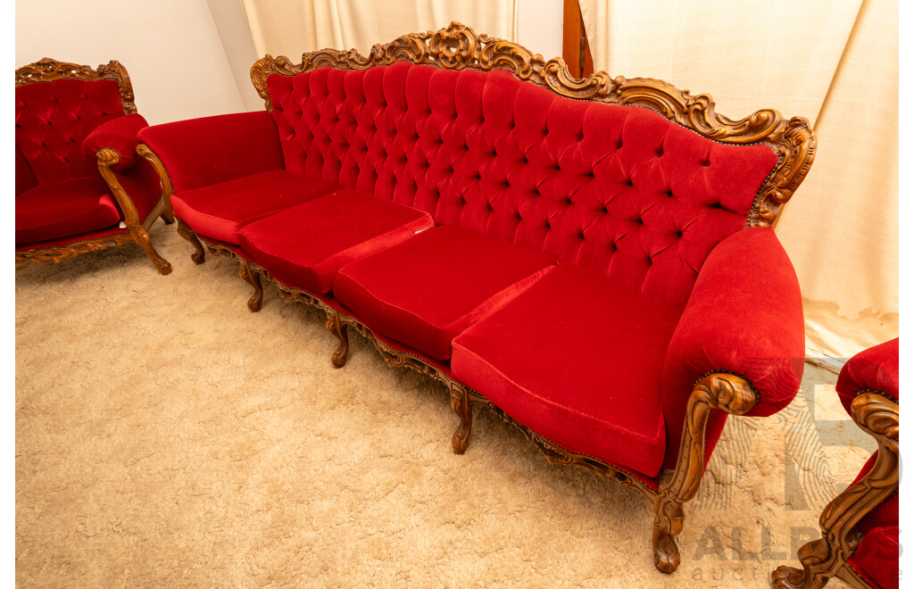 Lady in Red Victorian Style Maroon Velour Button Backed 4 Seater Lounge & 2 Matching Single Seater Arm Chairs