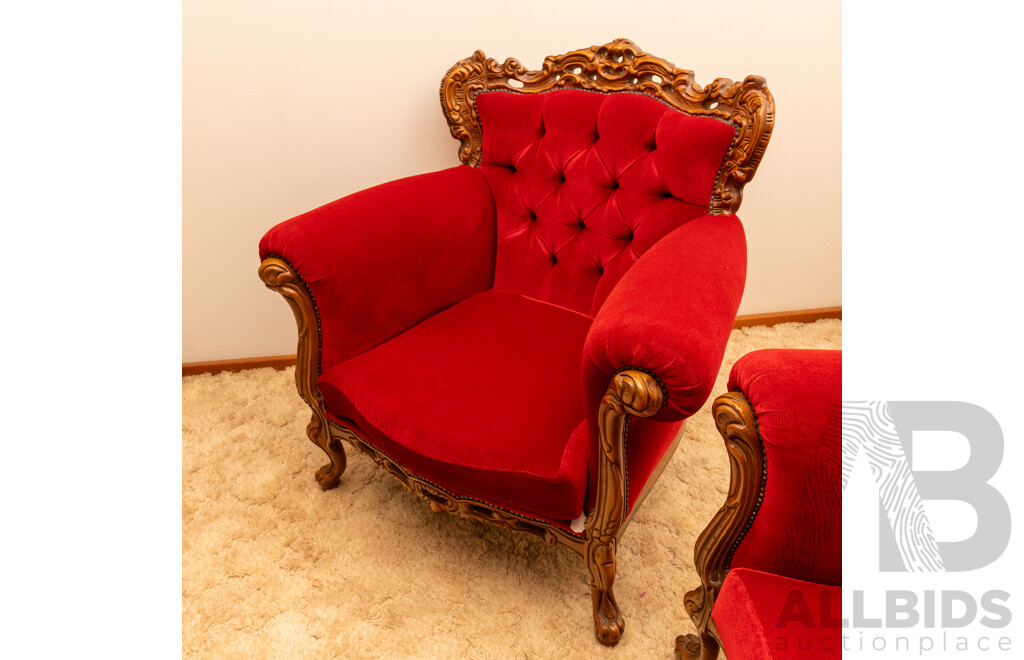 Lady in Red Victorian Style Maroon Velour Button Backed 4 Seater Lounge & 2 Matching Single Seater Arm Chairs