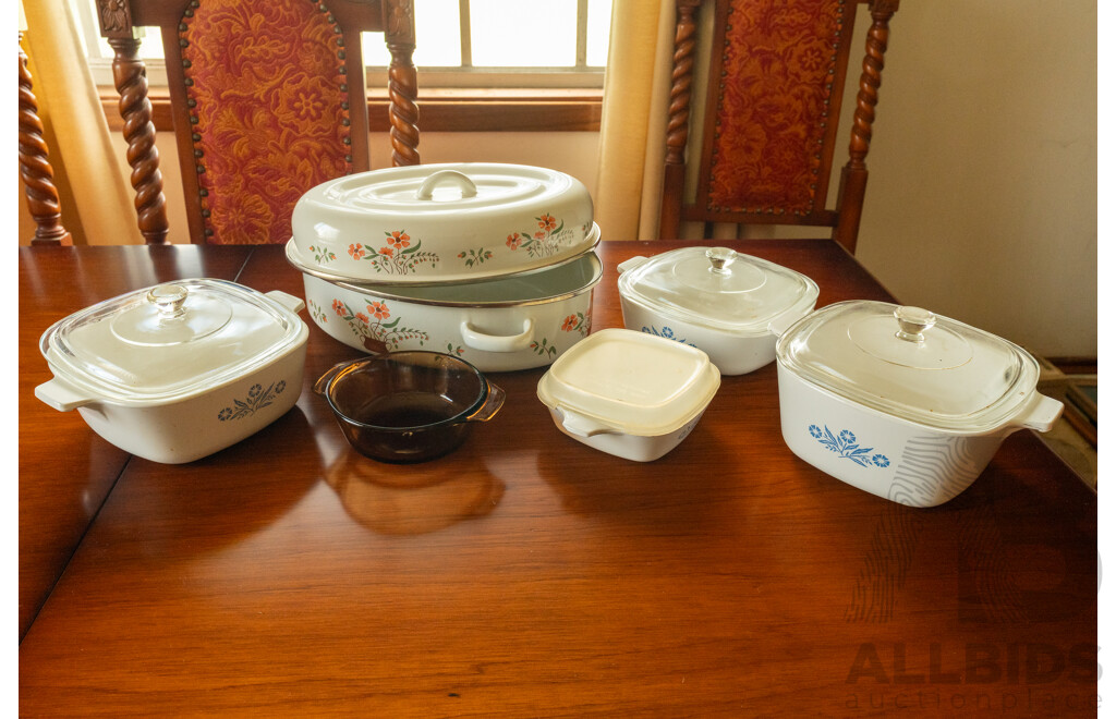 Assorted Job Lot - Ceramic Corning Ware, Glass Pie Dish, Enamel Floral Roasting Pan ETC