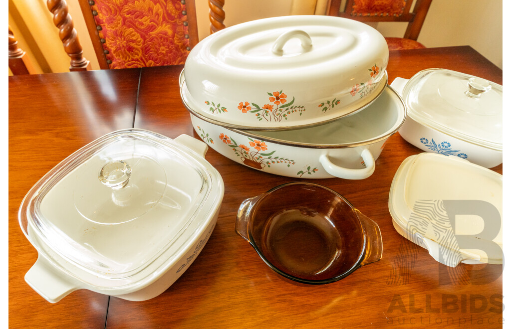 Assorted Job Lot - Ceramic Corning Ware, Glass Pie Dish, Enamel Floral Roasting Pan ETC