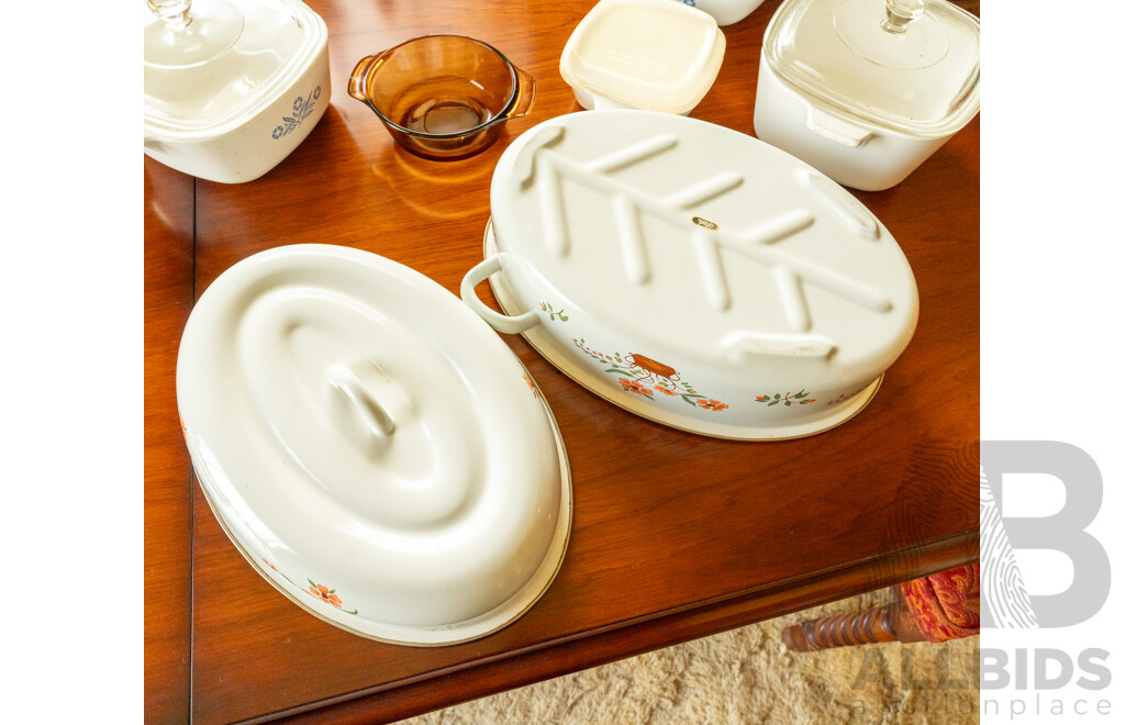 Assorted Job Lot - Ceramic Corning Ware, Glass Pie Dish, Enamel Floral Roasting Pan ETC