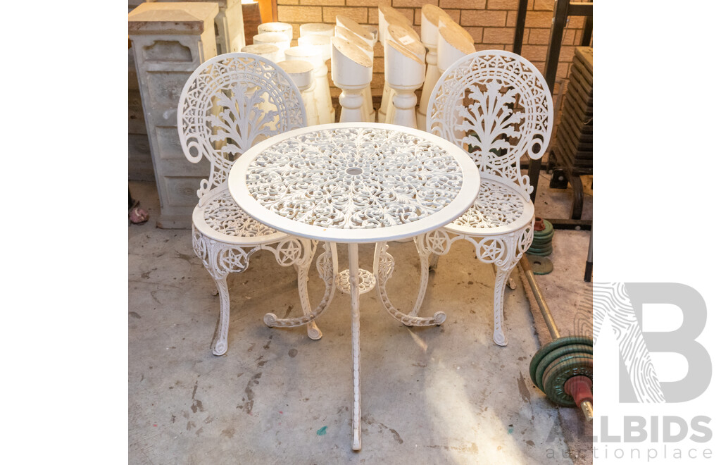 3 Piece White Cast Iron Victorian Style Round Outdoor Table Setting