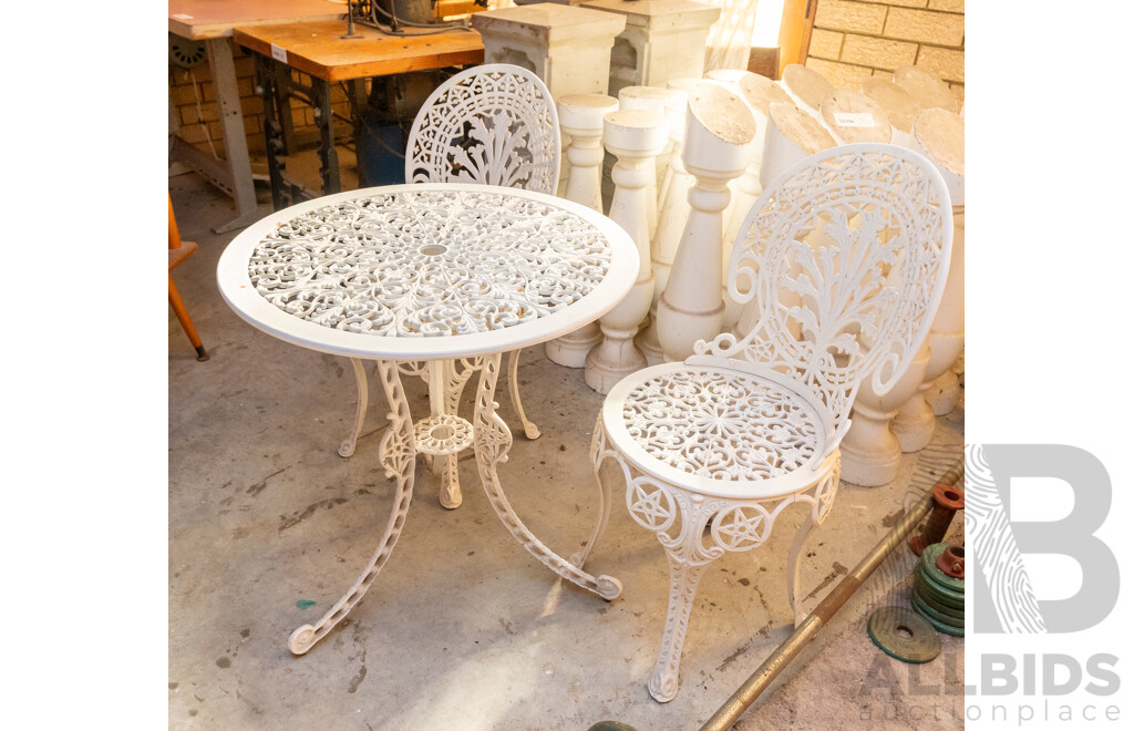 3 Piece White Cast Iron Victorian Style Round Outdoor Table Setting